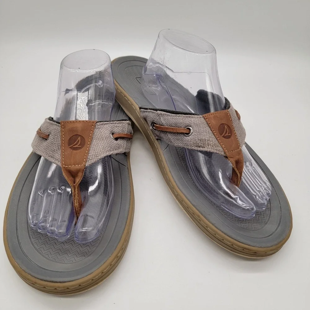 Sperry Thong Flip Flop Tan Leather/Gray Canvas Sandals 13M Model STS25231